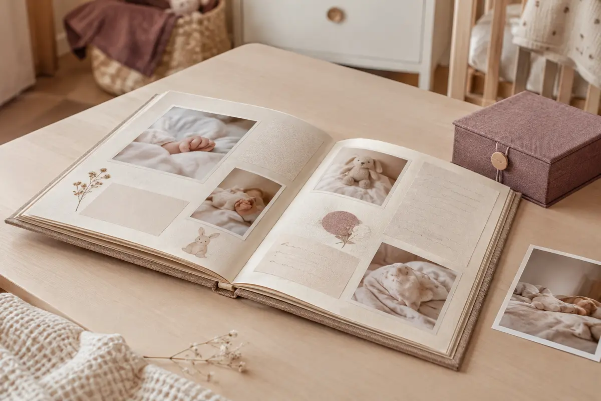 Album de naissance ouvert avec des photos, des notes et une boîte à souvenirs posés sur une table claire