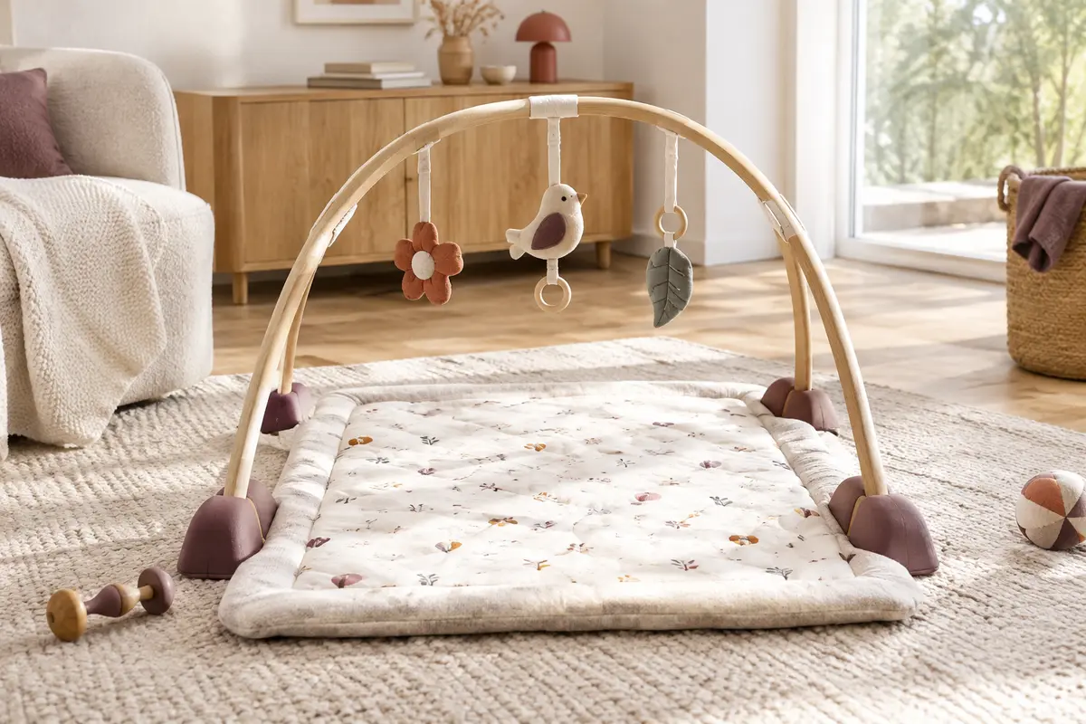 Arche autonome installée au-dessus d’un tapis d’éveil, avec ses pieds visibles autour du tapis