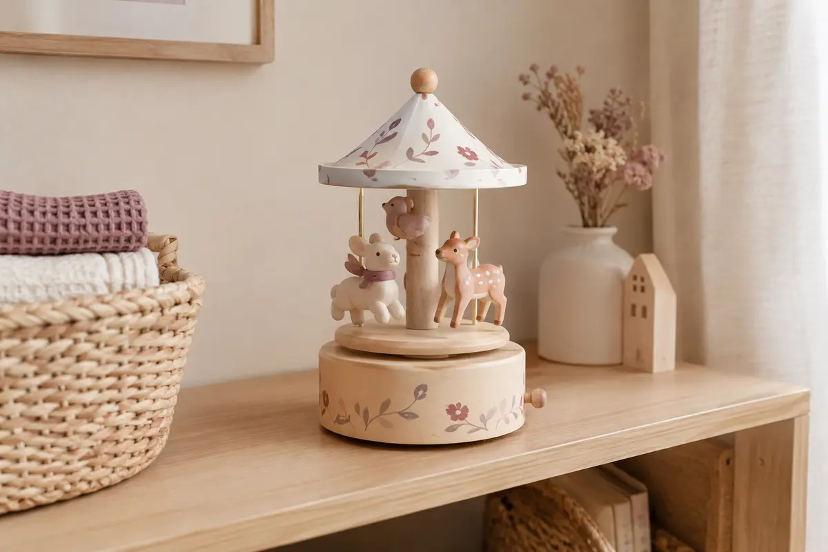 Boîte à musique décorative posée sur une étagère dans une chambre de bébé lumineuse