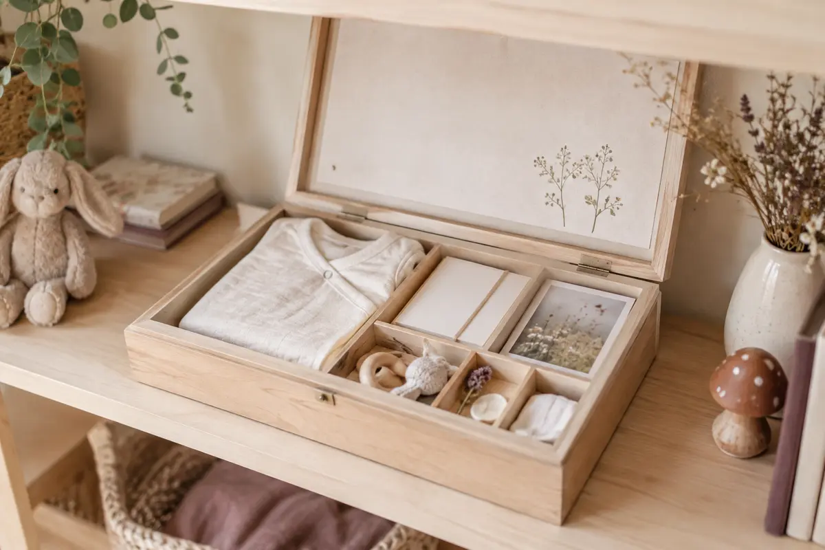 Boîte à souvenirs de bébé ouverte, avec compartiments contenant une tenue pliée et de petits objets