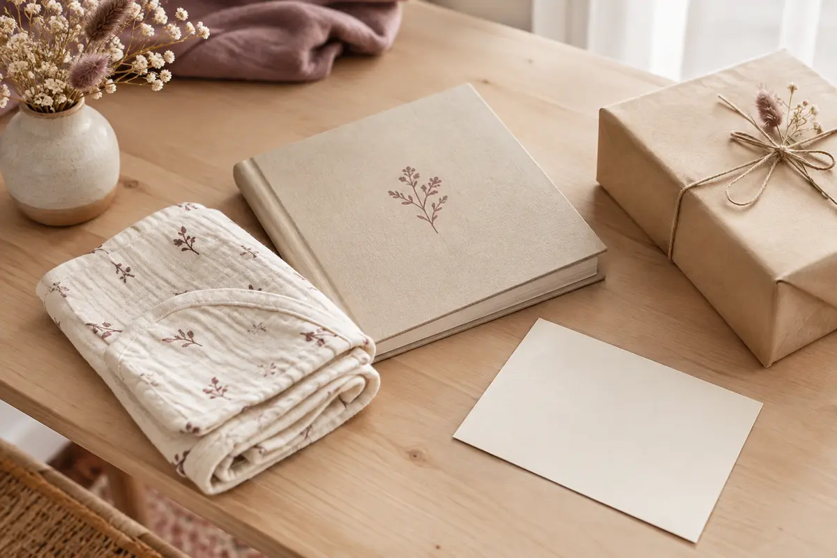 Lange plié et album de souvenirs posés sur une table claire pour un cadeau de naissance