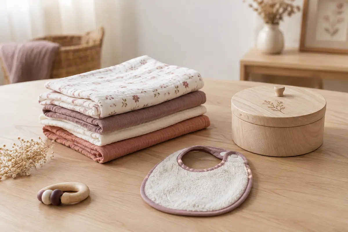 Langes pliés, bavoir et boîte à souvenirs réunis comme idées de cadeau pour un deuxième bébé