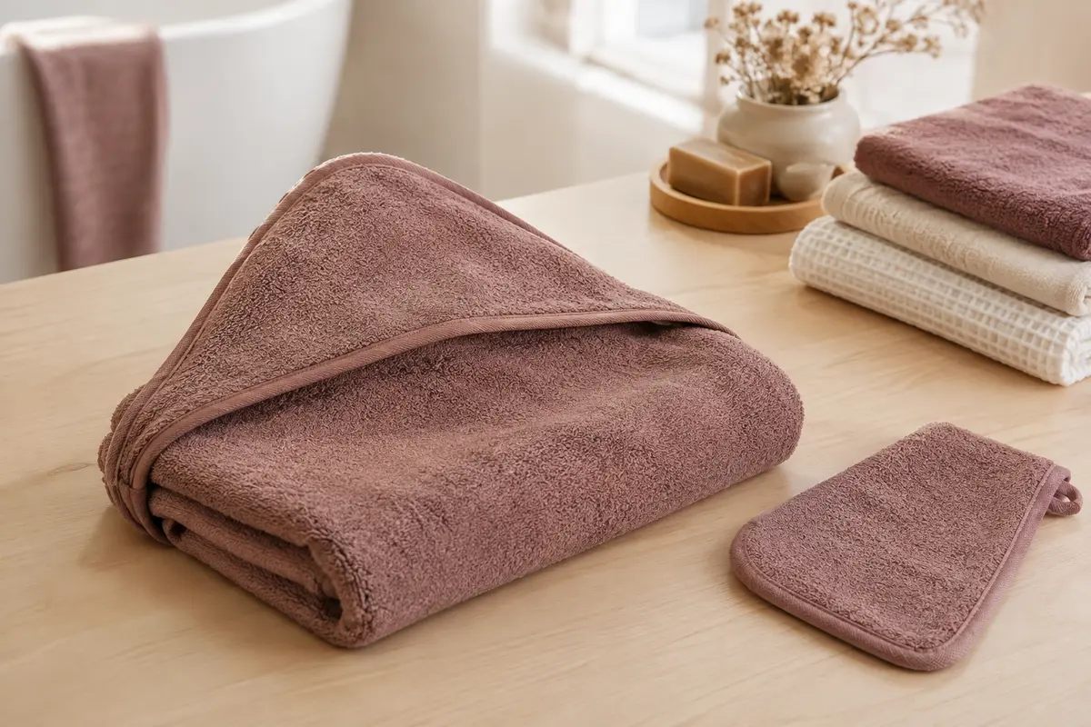 Cape de bain bébé pliée, capuche visible et tissu éponge dans une salle de bain claire