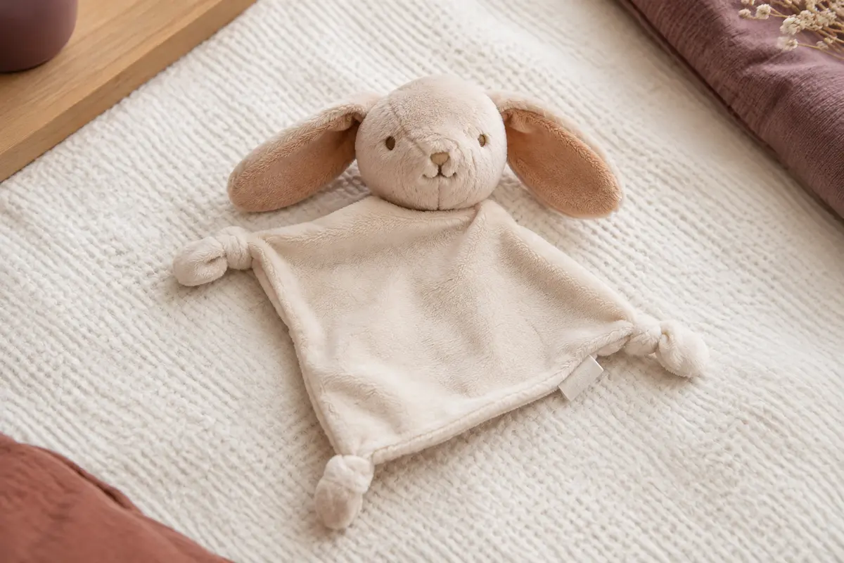 Doudou plat pour bébé posé sur une couverture claire, avec sa texture et ses finitions visibles