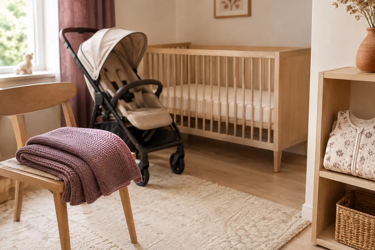 Couverture pliée près d’une poussette et gigoteuse séparée, avec un lit de bébé dégagé
