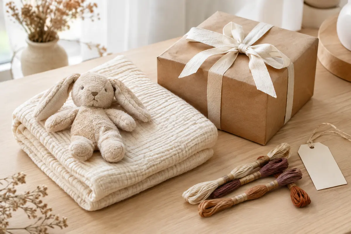 Couverture douce, doudou neutre et emballage kraft réunis pour illustrer un cadeau de naissance personnalisé