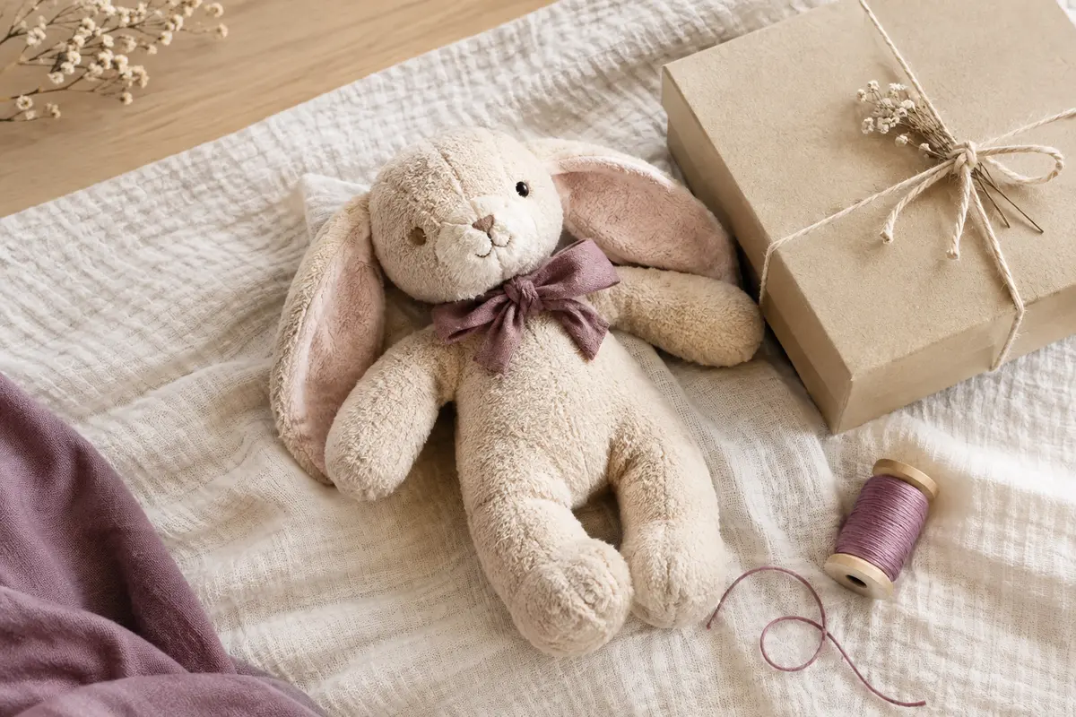 Doudou en tissu posé sur une couverture claire avec du fil à broder, prêt à être offert à la naissance