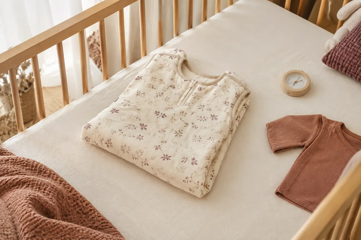 Gigoteuse bébé pliée dans une chambre lumineuse avec un thermomètre d’ambiance à proximité