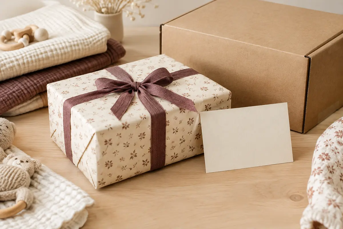 Cadeau de naissance emballé près d’un carton d’expédition et d’une carte vierge
