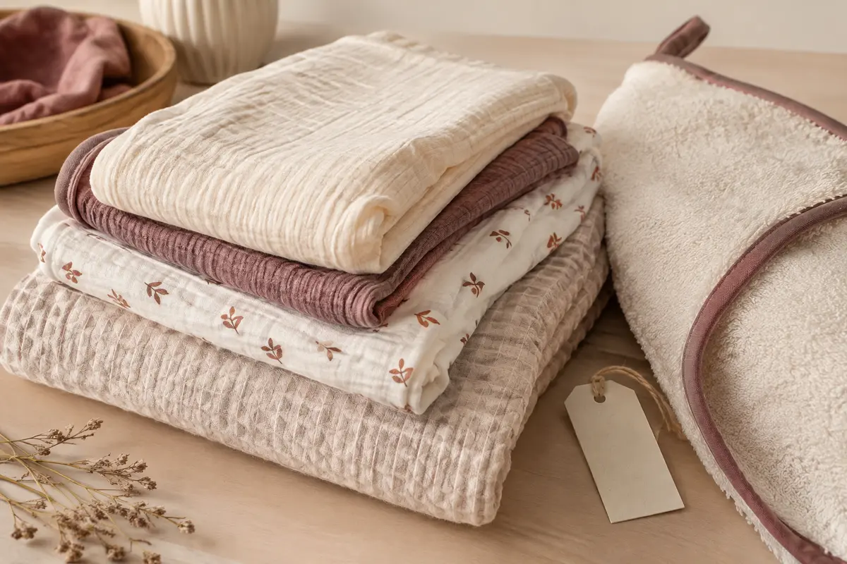 Langes, couverture et cape de bain pliés, avec leurs textures textiles visibles