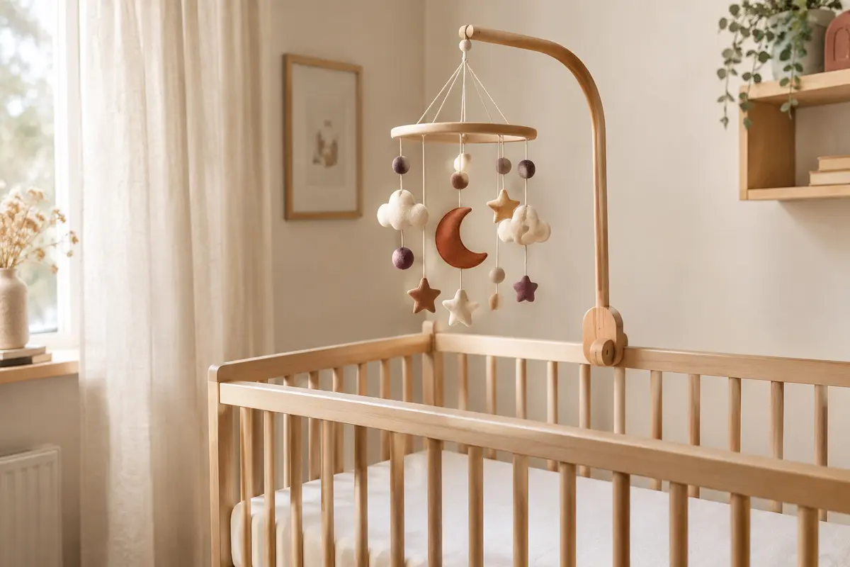 Mobile décoratif fixé à un lit à barreaux dans une chambre de bébé, hors de portée et au-dessus d’un couchage dégagé