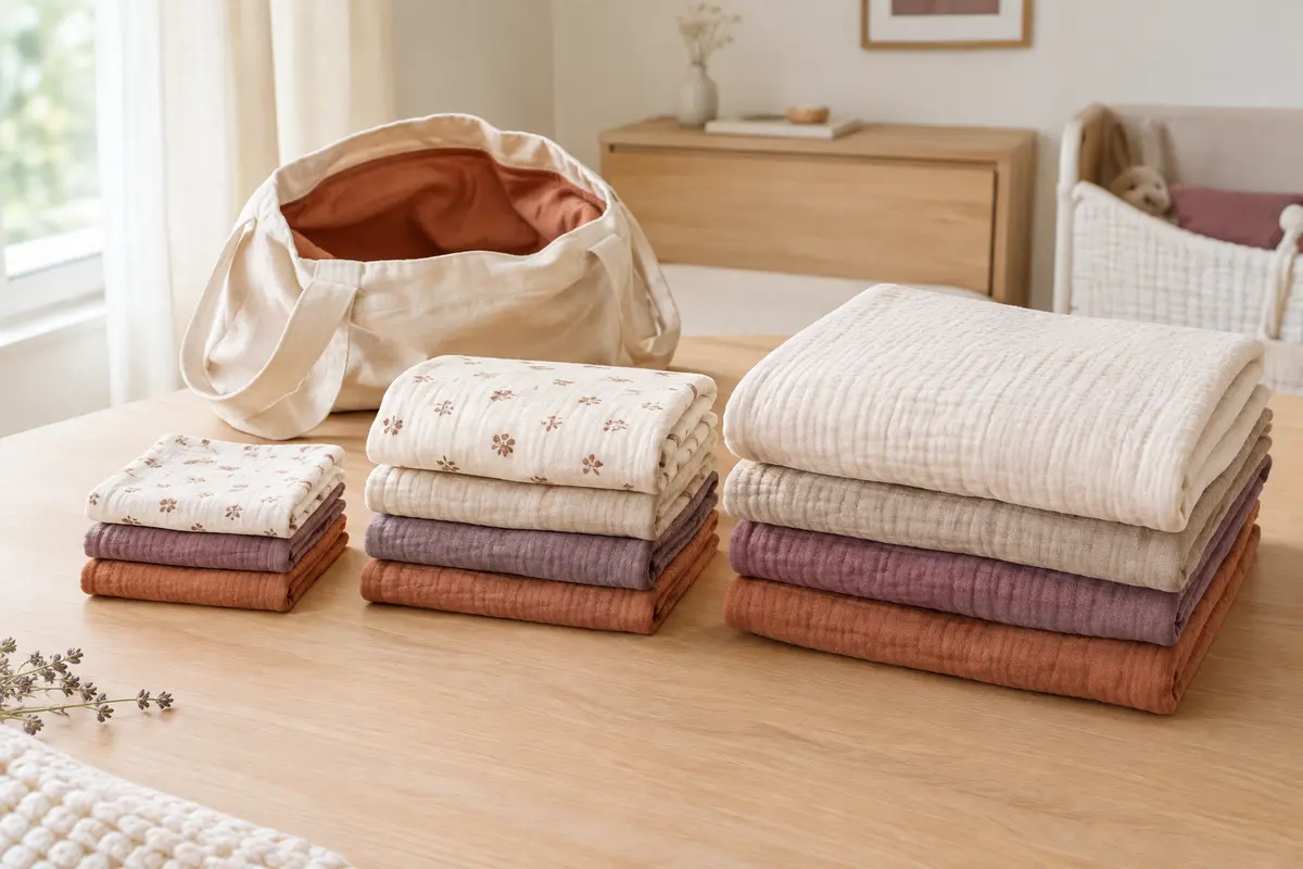 Langes de plusieurs tailles pliés près d’un sac de sortie, pour comparer leur encombrement et leur format.