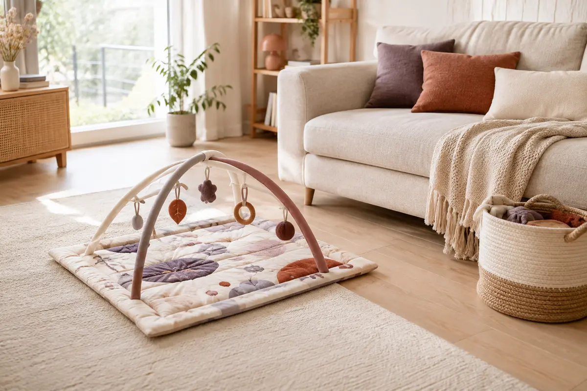 Tapis d’éveil installé dans un petit salon, près d’un panier de rangement et d’un passage dégagé