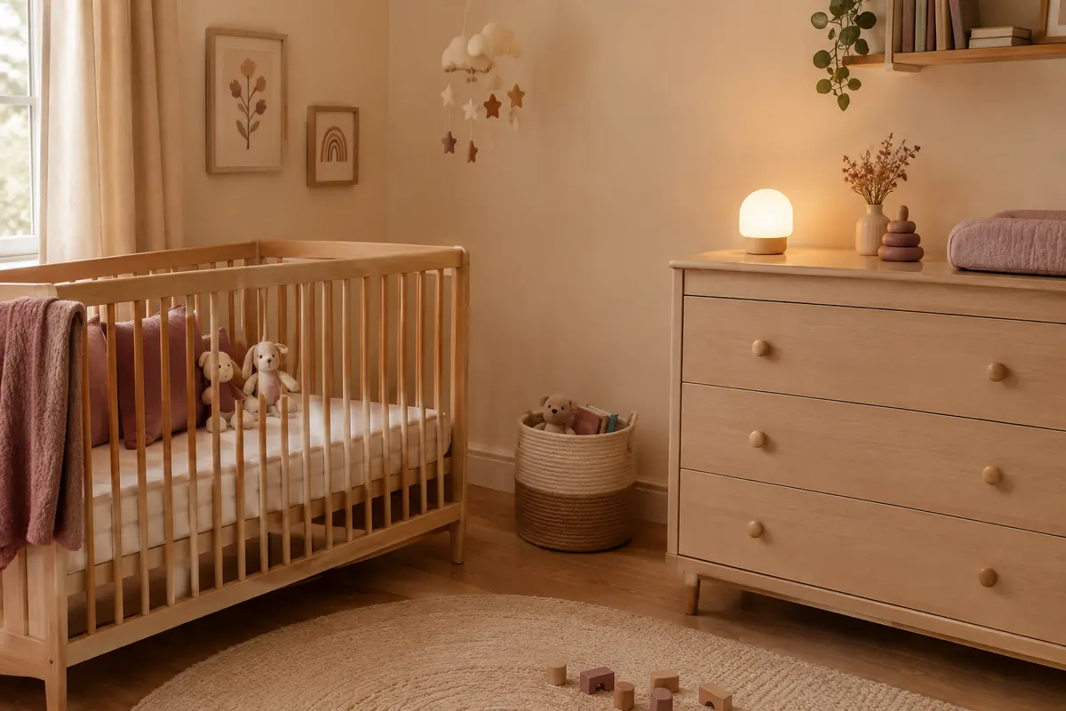 Veilleuse posée sur une commode dans une chambre de bébé déjà aménagée, à distance du lit