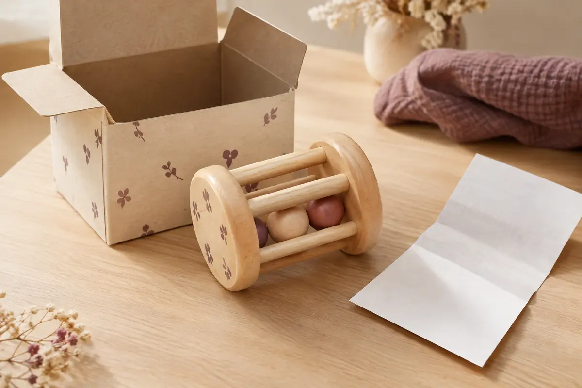 Hochet pour bébé et notice posés sur une table claire avant vérification de l’âge et de l’entretien