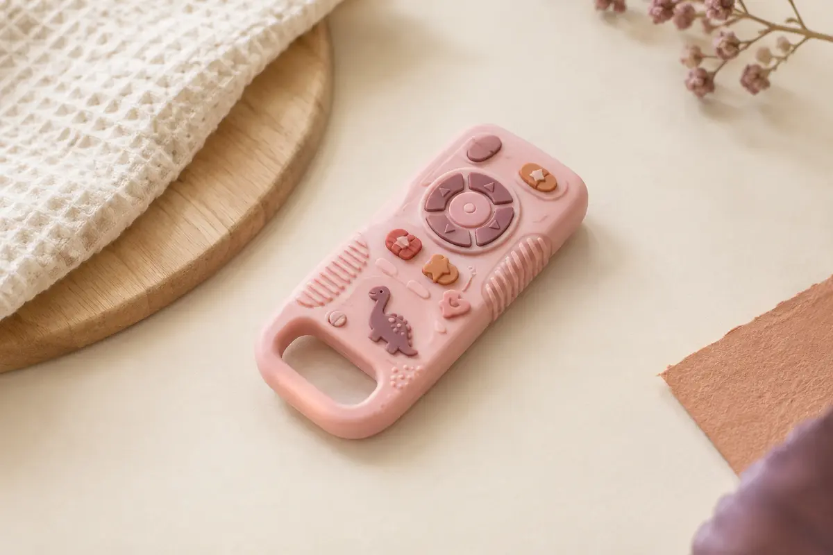 Anneau de dentition rose en silicone, en forme de télécommande avec boutons en relief et motif dinosaure.