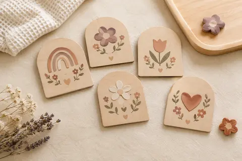 Cartes étapes bébé en bois en forme d’arche, décorées de motifs floraux sur un fond crème