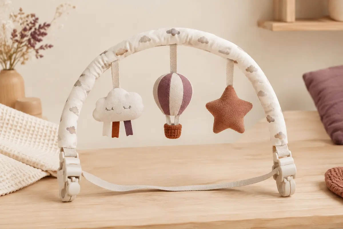 Arche d’éveil en coton Aomig fixée sur une poussette dans un décor doux et lumineux.