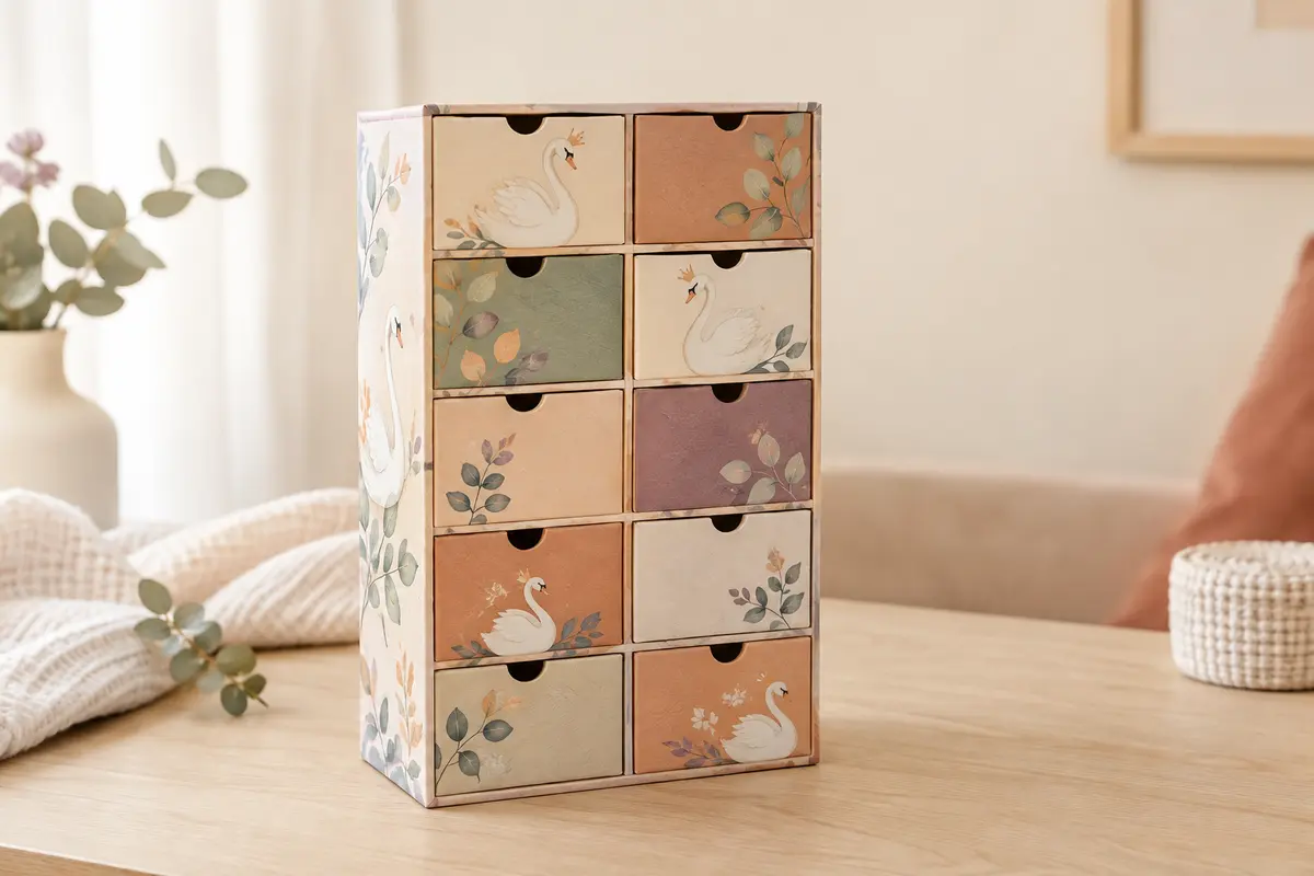 Coffret de naissance à dix tiroirs avec décor cygne multicolore, posé sur une surface en bois clair.