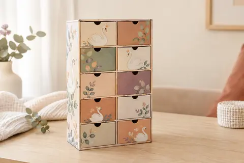 Coffret de naissance à dix tiroirs avec décor cygne multicolore, posé sur une surface en bois clair.