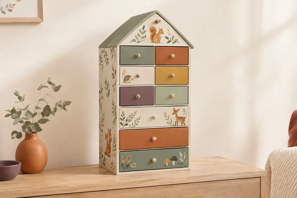 Coffret de naissance en forme de maison, avec dix tiroirs et un style forêt multicolore.