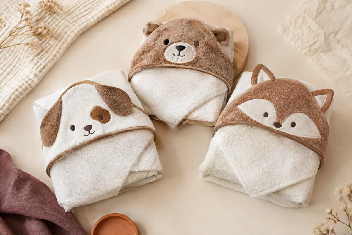 Lot de trois capes de bain bébé à capuche, au motif animal brun et blanc, posées sur un fond crème