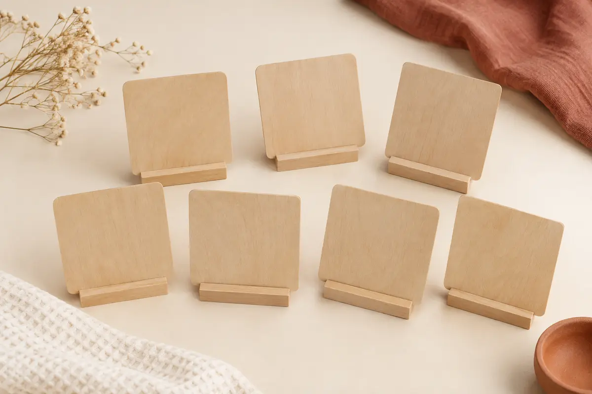 Sept cartes étapes bébé en bois clair et leur support présentés sur un fond crème