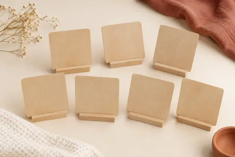 Sept cartes étapes bébé en bois clair et leur support présentés sur un fond crème