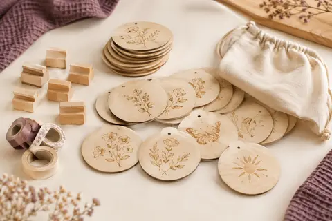 Disques étapes bébé en bois gravé avec supports et sac de rangement, présentés sur un fond crème lumineux.