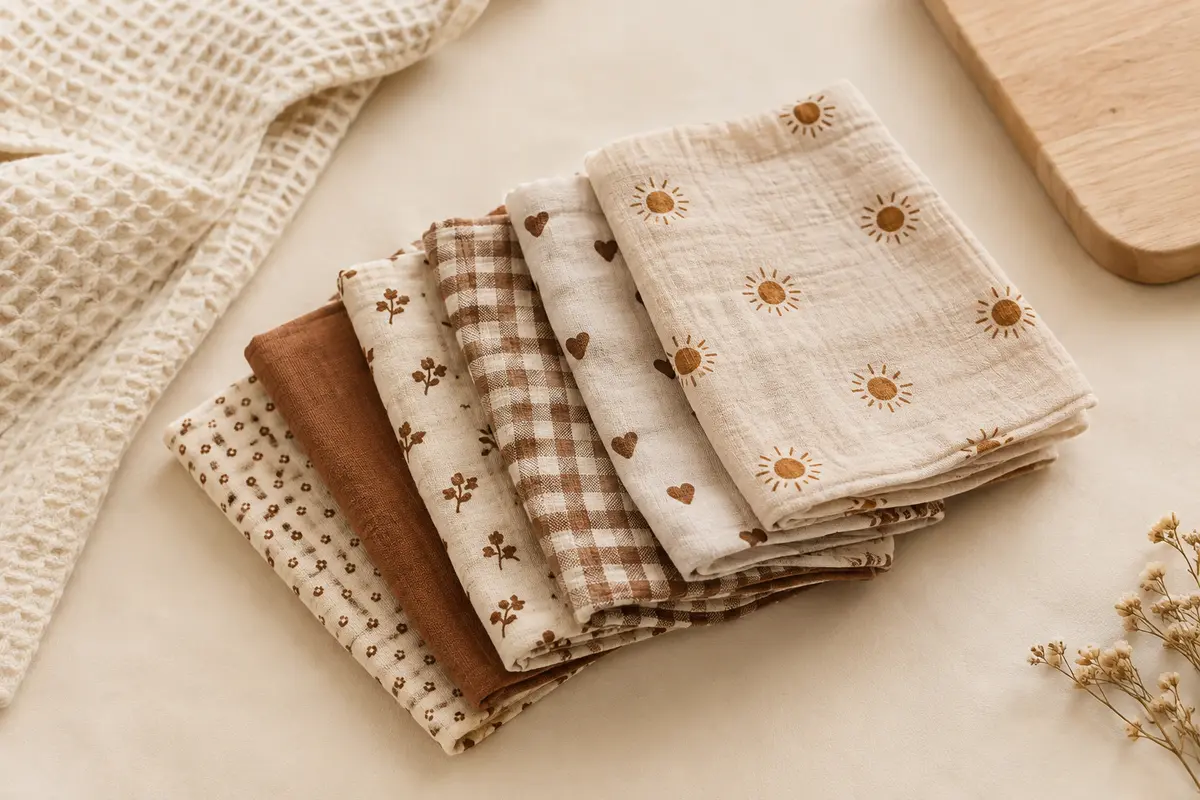 Lot de six langes bébé en mousseline de coton aux motifs brun chaud, pliés sur un fond crème.