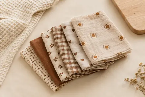 Lot de six langes bébé en mousseline de coton aux motifs brun chaud, pliés sur un fond crème.