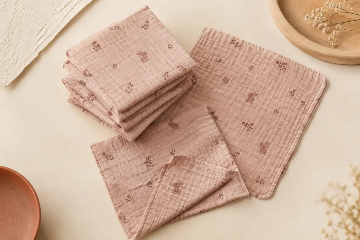 Cinq langes carrés pour bébé en bambou et coton, brun rosé, disposés sur un fond crème