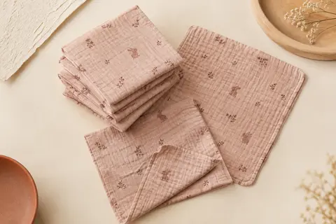 Cinq langes carrés pour bébé en bambou et coton, brun rosé, disposés sur un fond crème