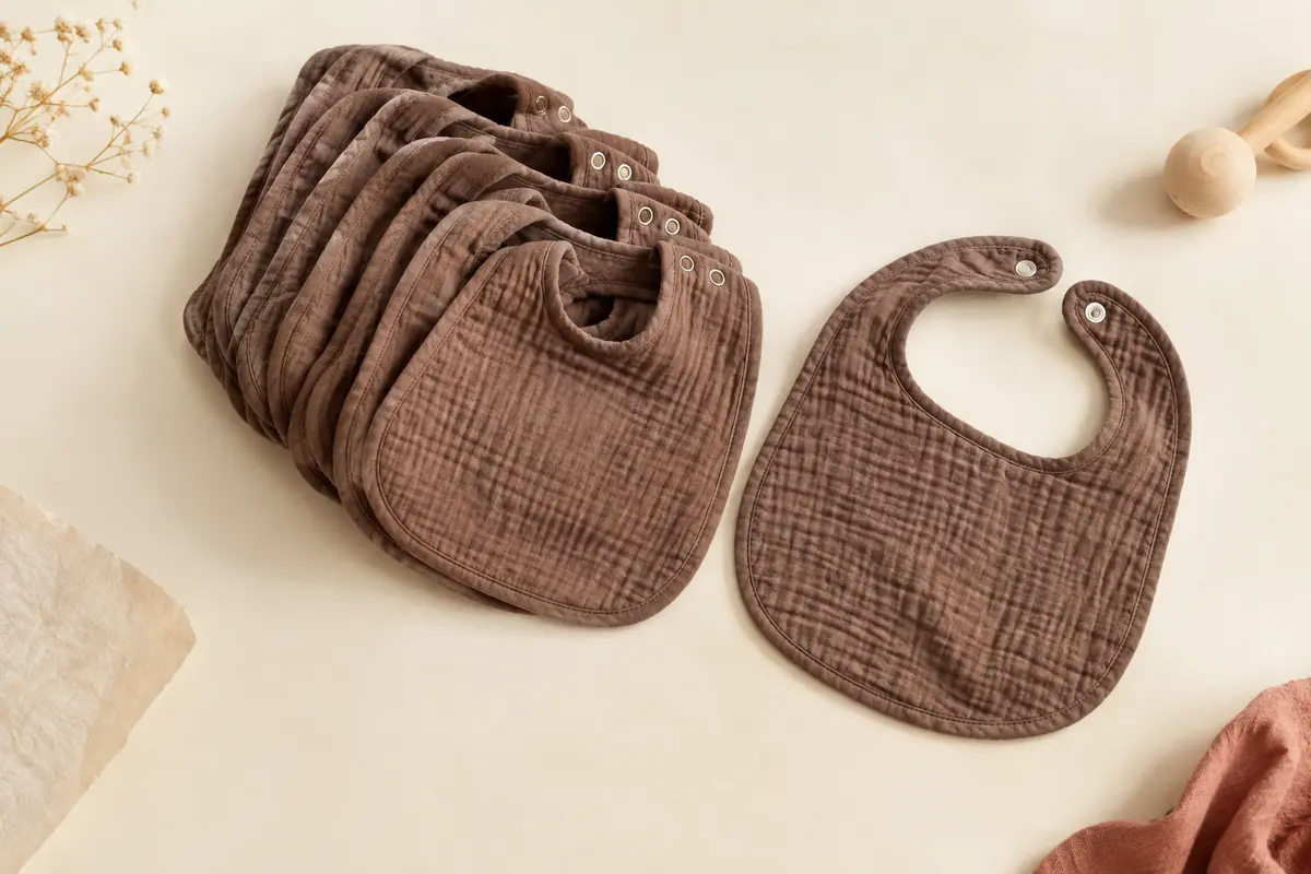 Lot de bavoirs bébé en coton marron à motif moiré, pliés sur un fond crème près de bois clair.