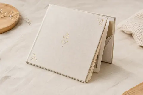 Album de naissance carré à couverture en tissu crème et détails dorés, posé sur du papier texturé.