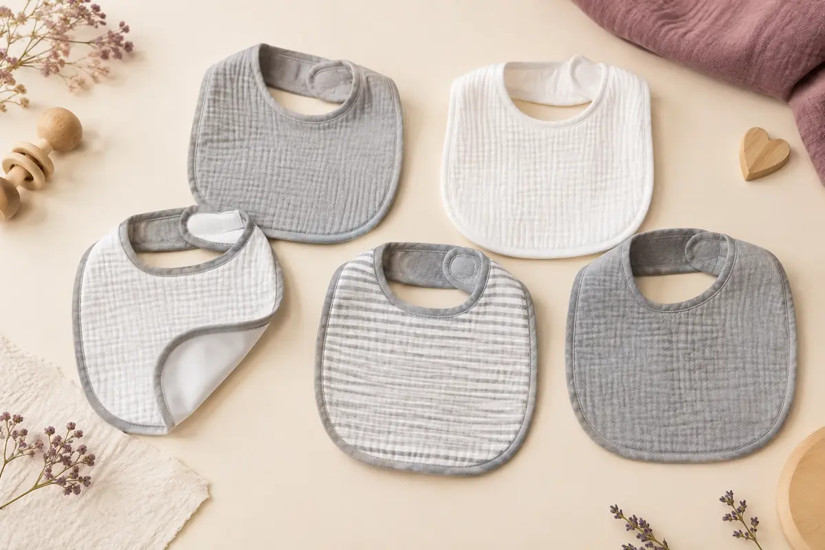 Cinq bavoirs bébé gris et blancs avec fermeture velcro et face intérieure à revêtement imperméable