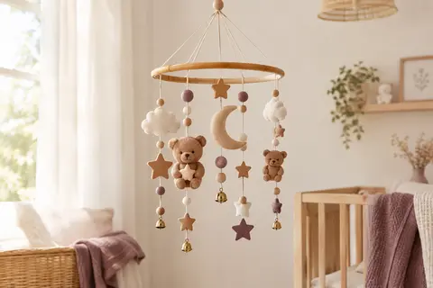 Mobile bébé brun en bambou et feutre, avec ours, étoiles, nuages, lune et clochettes suspendus