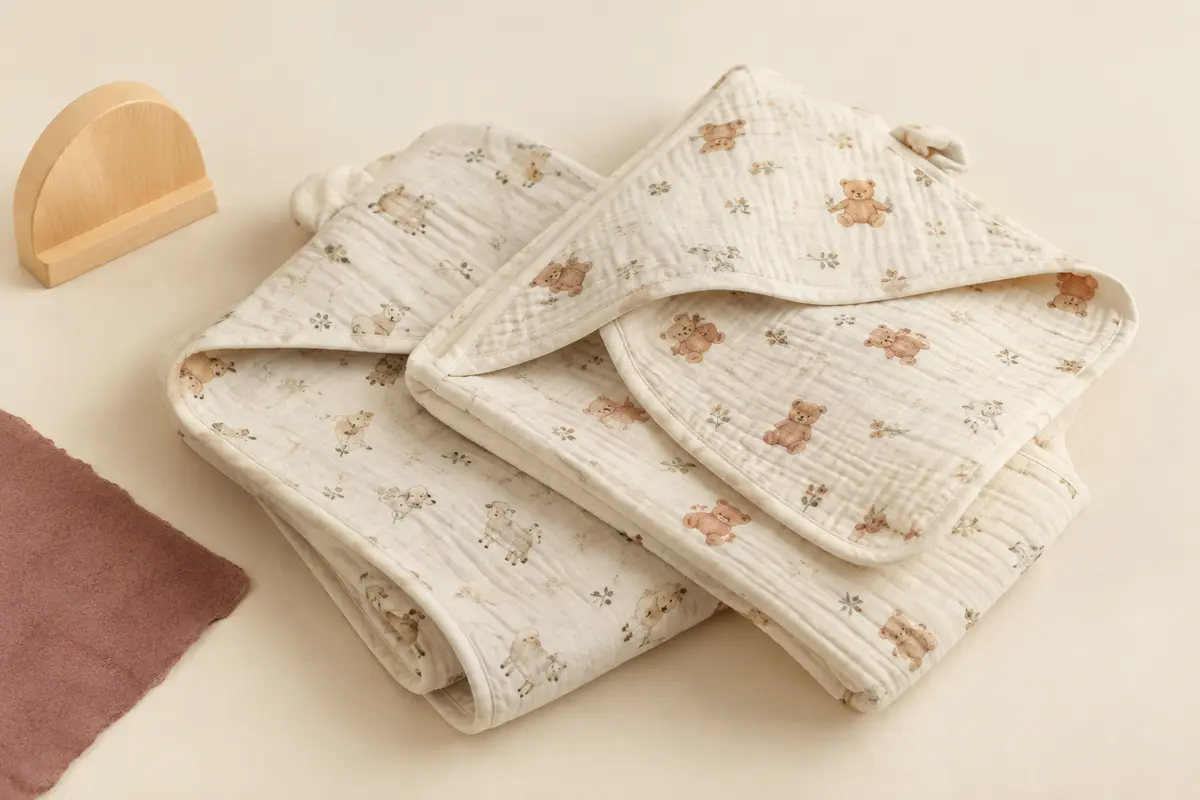 Deux capes de bain bébé en mousseline, avec capuche et motifs d’ours et d’agneau, posées sur fond crème.