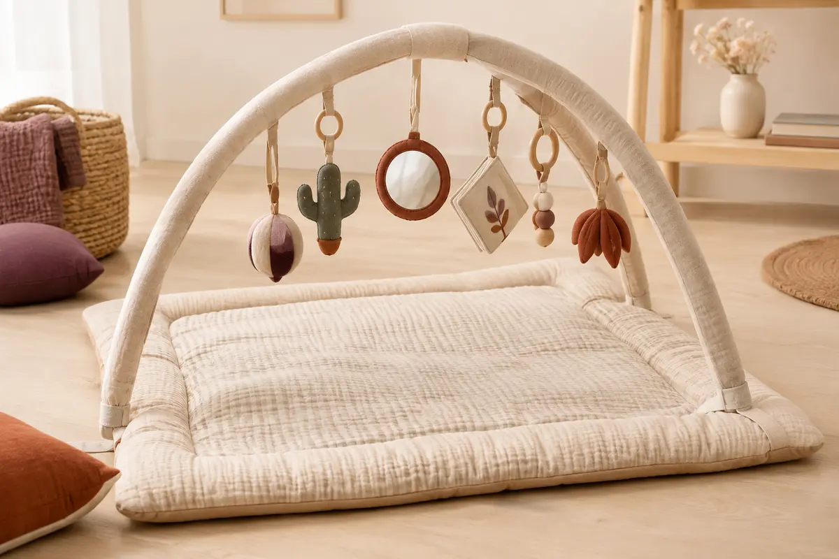 Tapis d’éveil beige avec arche amovible et jouets suspendus, présenté dans un décor lumineux aux tons crème.