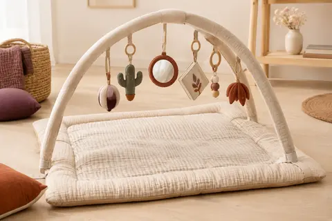 Tapis d’éveil beige avec arche amovible et jouets suspendus, présenté dans un décor lumineux aux tons crème.