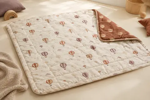 Tapis d’éveil réversible à motifs de ballons et d’ours, déplié sur un fond clair.