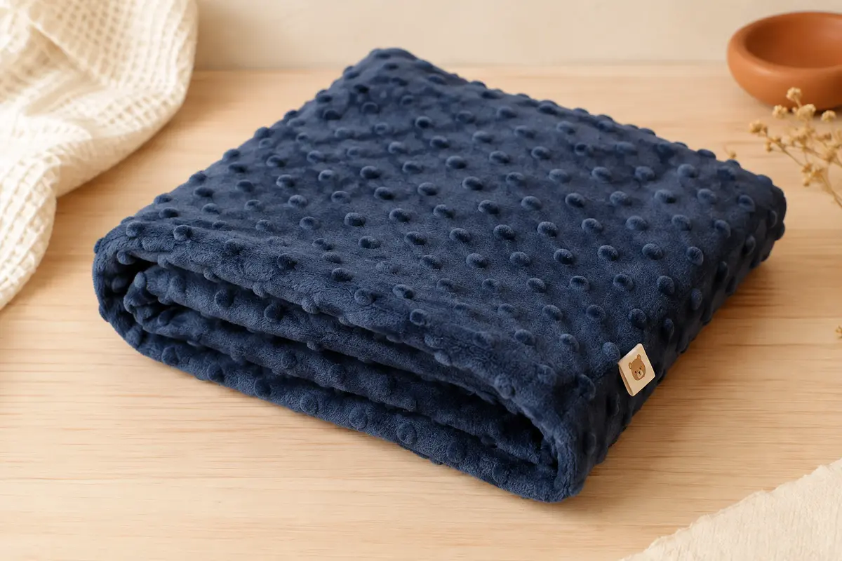 Couverture bébé bleu foncé en polyester doux, pliée sur un fond crème avec sa texture en relief visible.