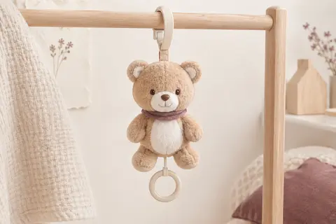 Carillon Chicco en peluche ours suspendu à une barre de bois clair dans une chambre de bébé
