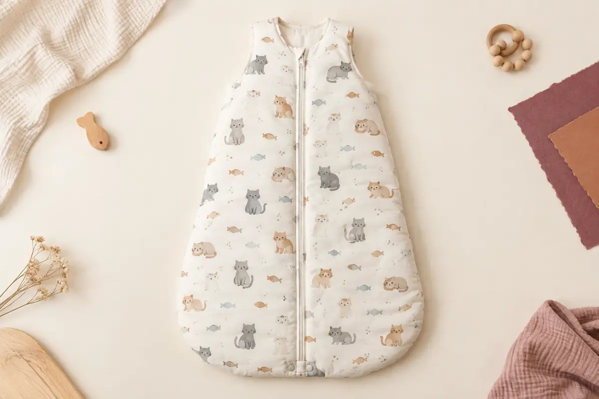 Gigoteuse bébé ouatinée avec motif de chats et poissons, zip central et boutons d’ajustement au bas