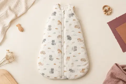 Gigoteuse bébé ouatinée avec motif de chats et poissons, zip central et boutons d’ajustement au bas