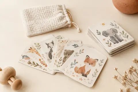 Cartes étapes bébé recto verso aux motifs animaliers, accompagnées de leur pochette en tissu sur fond crème.