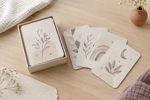 Coffret de cartes étapes bébé illustrées, posé sur du bois clair avec quelques cartes disposées en éventail.