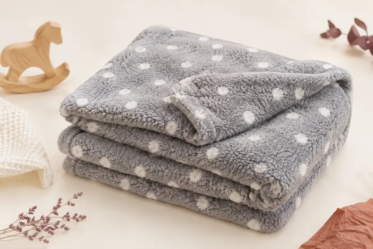 Couverture bébé grise à motif de pois, pliée sur un fond crème près d’un élément en bois clair.