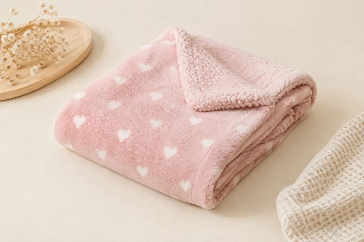 Couverture bébé en sherpa rose à motif cœur, pliée sur un fond crème avec une touche de bois clair