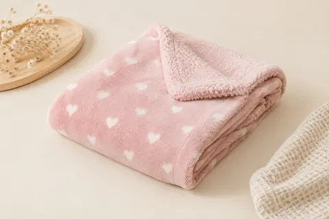 Couverture bébé en sherpa rose à motif cœur, pliée sur un fond crème avec une touche de bois clair